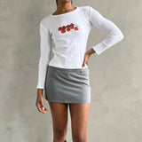 Women's Y2K Vintage Retro Long Sleeve Cherry/Cake Print Crew Neck Spring Fall Slim Fit Tops Aesthetic Grunge T-Shirts-Outfit