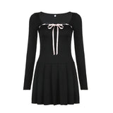 Court Style Square-Necked Dress 2024 Spring And Summer New Style Bowknot Temperament Age-Reducing Small Black Dress-Outfit