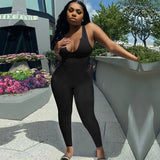 Ribbed Romper Jumpsuit Solid Color Sleeveless Deep U Neck Skinny Slim Tight Elastic Home Gym Casual