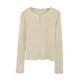 Super-Good-Looking Hollowed-Out Jacquard Three-Button Long-Sleeved T-Shirt Women's Spring And Autumn 2024 New Undershirt Blouse-Outfit