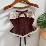Ancient English Wind Brae Vest Woman Summer Lace Hook Flower Tied With Fish Bone Gird Waist Small Man Is
