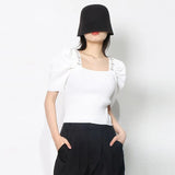 Casual Patchwork Diamonds Sweater For Women Square Collar Short Sleeve Solid Slim Knitting Pullover Female