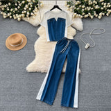 Hong Kong-Flavored Suit Female Design Sense Short-Sleeved T-Shirt Spliced Denim Jacket + High-Waisted Casual Straight Pants