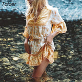 Yellow Floral Print Dress Boho Beach Summer Dresses V-Neck Half Sleeve Casual Short Dress for Women Clothing 2023