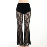 Pure Black 2024 Summer Sexy New Lace Commuter Casual Pants Perspective Net Gauze Long Trousers Generation Hair Girl-Outfit