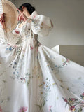 Elegant Floral Midi Dress for Women Party Evening Chiffon Long Sleeve Fairy One Piece Dress Korean Beach Summer