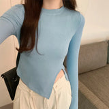 Collar Solid Color Forked Long-Sleeved Blouse Autumn And Winter New Spicy Girls Short Style Slim Irregular Long-Sleeved T-Shirt-Outfit
