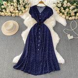 Red Dot V-Neck Women's Short-Sleeved Dress Summer Single Buckle Tie With Thin A-Word Mid-Long