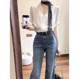 Summer French White Lace Stitching Design Shirt Women Commuting Micro-Rave Jeans Two-Piece