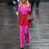 Women Suit Blazers VONDA Ladies Casual Lapel Coats Color Patchwork Autumn Office Formal Long Sleeve Thin Pant Sets no
