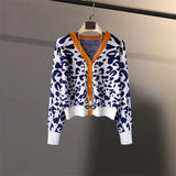2021 New Leopard Pattern Cardigans Women Vintage V Neck Long Sleeve OL Knitted Cardigan Autumn Korean