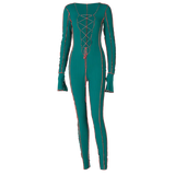 Solid Color Bandage Sexy V-neck Flared Sleeves Jumpsuits For Womens 2021 Spring Basic Streetwear Romper Stretchy