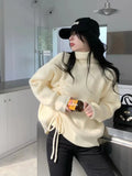 Tops 2022 Women Solid Color Drawstring Pleated Turtleneck Sweater Women's Pullover Loose Top Oversized Sweater