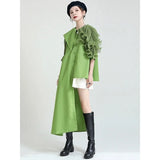 Women Green Pleated Irregular Long Blouse New Lapel Half Sleeve Loose Fit Shirt Fashion Tide Spring Summer 2023