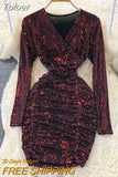 Sequins Glitter Bodycon Mini Dress Women Fashion Ruched Party Dress V-neck Long Sleeve High Waist Autumn Club Dress