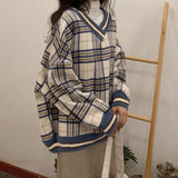 Plaid Knitted Sweater Women Pullover Oversized Winter Jumpers Casual Long Sleeve Sweaters Lady Loose V Neck Top Warm