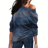 Women Blouses Off Shoulder Tops Striped Print Pullover Jumper Casual Knitted Top Long Sleeve Blouse Shirt Camiseta