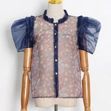 Casual Shirts For Women Slim Stand Collar Puff Short Sleeve Colorblock Blouses Female 2021 Summer Clothing