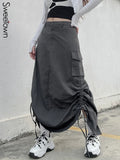 Gray Solid Casual Midi Cargo Skirts Womens Pockets Stitching Streetwear Side Shirring Tie Up Jupe Vintage Preppy