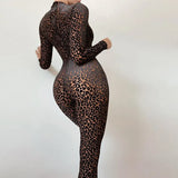 Leopard Print Mesh Skinny Jumpsuit Women One Shoulder Sleeveless Patchwork Fitness Party Activewear Basic Wild Female