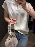 Chinese Style Collar Plate Buckle Acetic Acid Pure Color Flying Sleeve Shirt Women's 2024 Summer New Blouse For Leisure-Outfit