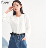 Women Shirts 2023 Spring Bishop Sleeve O Neck Loose Blouse Lace Embroidery White Blue Elegant Chic