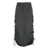 Gray Solid Casual Midi Cargo Skirts Womens Pockets Stitching Streetwear Side Shirring Tie Up Jupe Vintage Preppy