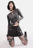 Cyber Y2k Skull Print Black Mesh Sheer Long Sleeve Top Gothic Clothes Women Street Style Graphic Tshirt
