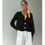 Casual V-neck Knitted Loose Cardigan Women Buttons Lantern Sleeve Sweaters Female Basic White Autumn Winter