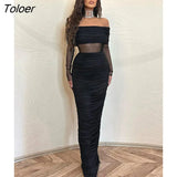 See Through Party Even Bodycon Black Mesh Dress 2023 Off the Shoulder Long Sleeve Evening Dresses Womens Sexy Maxi