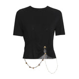 Minimalist Solid T Shirt For Women O Neck Short Sleeve Patchwork Chain Irregular Slim T Shirts Female Summer
