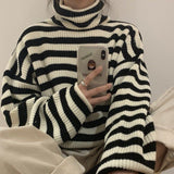 Women Stripes Sweater Harajuku Winter Vintage Women Thickening Loose Warm Turtleneck