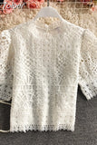 Mujer De Moda 2023 Vintage Puff Sleeve Blouses Hollow Out Crochet Floral Crop Tops Korean Summer Elegant Lace