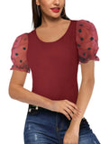 Sweet U-Neck Puff Sleeve Dot Print Regular