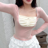 Fashion Girl Hit Color Square Collar Fold Splicing Fake Two Long-Sleeved T-Shirts Sweet Knit Blouse-Outfit