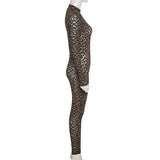Leopard Print Mesh Skinny Jumpsuit Women One Shoulder Sleeveless Patchwork Fitness Party Activewear Basic Wild Female