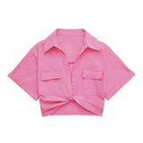 Women Safari Style Pockets Patch Knotted Linen Short Smock Blouse Lady Chic Kimono Cropped Shirt Blusas Tops-Outfit