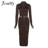 Autunn Elegant Solid Two Pieces Sets for Women Turtleneck Long Sleeves Crop Top+ High Waist Maxi Skirt Matching