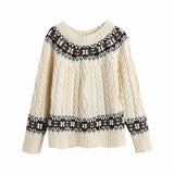 Za 2021 White Jacquard Knitted Sweater Women Contrast Pullover Oversized Argyle Woman Sweaters Long Sleeve Autumn