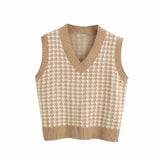 Houndstooth Knitted Vest Autumn Casual V-Neck Sleeveless Sweater Tops Winter Fashion Female Waistcoat Pullover Jumper