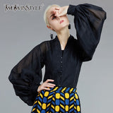 See Through Black Blouse For Women Stand Collar Lantern Long Sleeve Casual Loose Shirt Female Fashion New