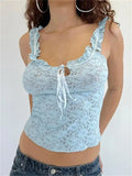 Retro Lace Floral See Through Sleeveless Camis Tops for Women 2023 Ruffle Strap Tie-up O-neck Slim Fit Tank Mini Vest-Outfit