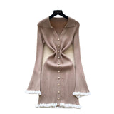 Luxury Famous Knitted Dress Woman Autumn Wooden Ear Over The Collar To Slim Beautiful Sister Mid-Long