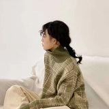 Turtleneck Women Sweater Knitted 2021 Korean Fashion Long Sleeve Plaid Oversized Pullovers Casual Loose