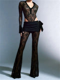 Sexy Women Lace Pants Set Summer Mesh Sheer Long Sleeve Bodysuits Tops Long Flared Pants 2 Pieces Outfits Streetwear-Outfit