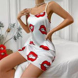 Bare-Back Ice Silk Halter Skirt Imitation Silk Nightskirt Summer Printed Pajamas Short Skirt Women's Household Clothes-Outfit