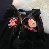 Women Letter Embroidery Hoodies Autumn Winter Retro Zipper Long Sleeve Loose Jacket Coats Y2K Harajuku Casual Hooded Sweatshirts 703-1-Outfit
