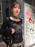 Tshirts Women 2023 Ropa Mujer V-neck Print Long Sleeve Tees Streetwear Vintage Y2k T Shirt Casual Fashion Korean Crop Tops-Outfit