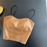 Women Faux Leather Strap Tops Elastic Ruched Lace Splice PU Leather Y2K Tops Summer Sexy Off Shoulder Short