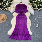 Woman Sexy Collar Short Sleeve Dress Female High-End Royal Sister Repair Hot Diamond Open Fork Long Fishtail